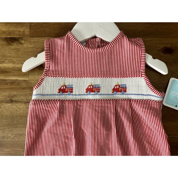 NWT Petit Bebe Red Stripe Smocked Knit Firetrucks Romper Cotton Sleeveless 18M - Picture 4 of 8